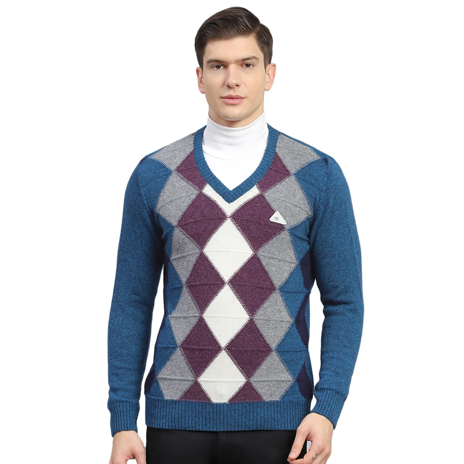 Men Teal Blue Self Design V Neck Full Sleeve Sweater - Image 6