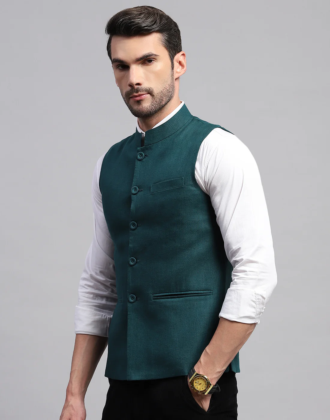 Men Teal Blue Solid Band Collar Sleeveless Nehru Jacket - Image 3
