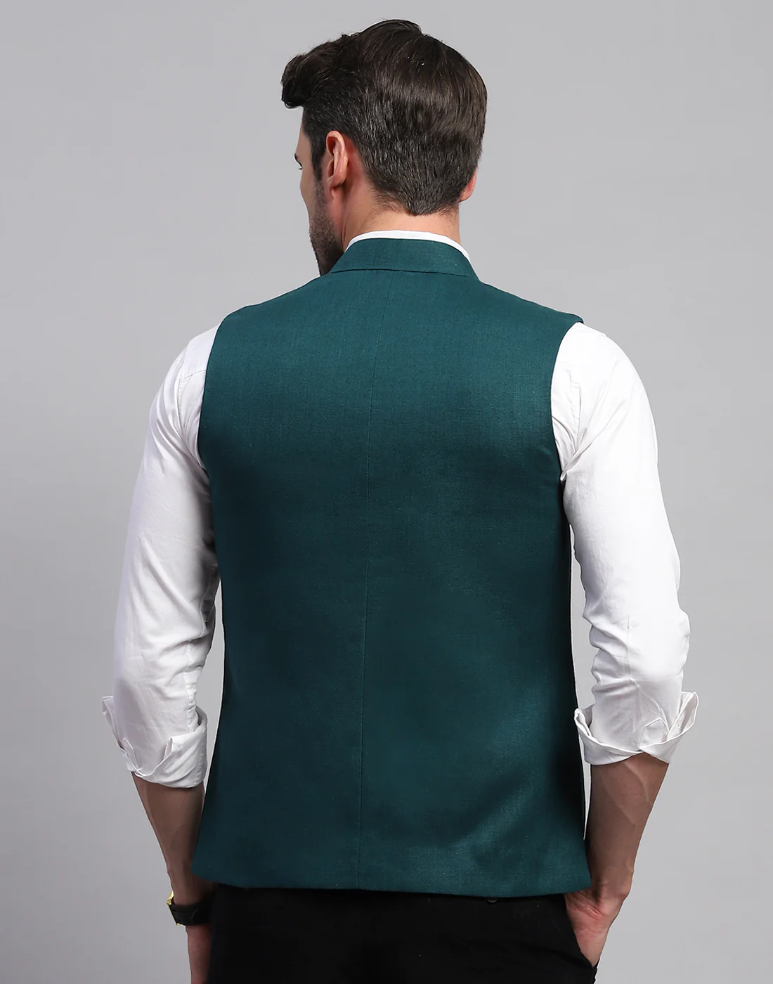 Men Teal Blue Solid Band Collar Sleeveless Nehru Jacket - Image 5