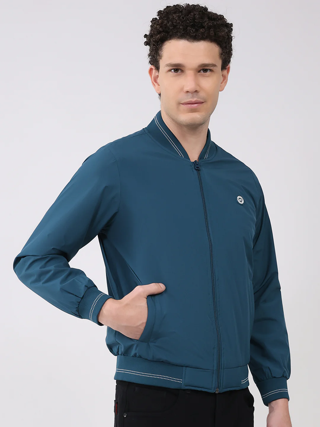Men Teal Blue Solid Collar Full Sleeve Jacket - Image 4