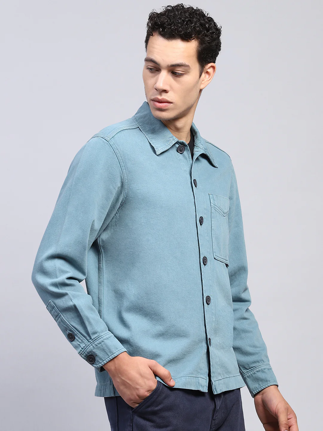 Men Teal Blue Solid Collar Full Sleeve Shirt - Image 4