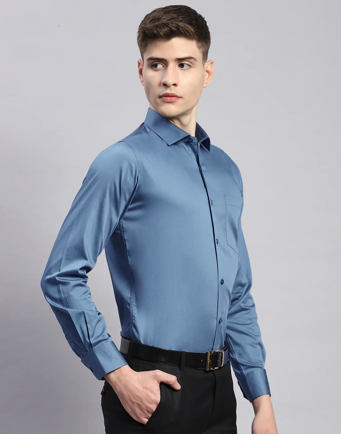 Men Teal Blue Solid Collar Full Sleeve Shirt - Image 4