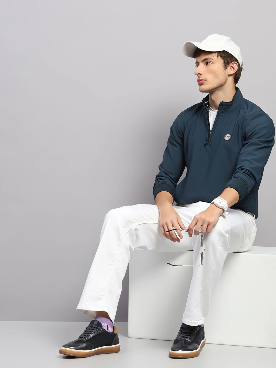 Men Teal Blue Solid Collar Full Sleeve Sweatshirt - Image 2
