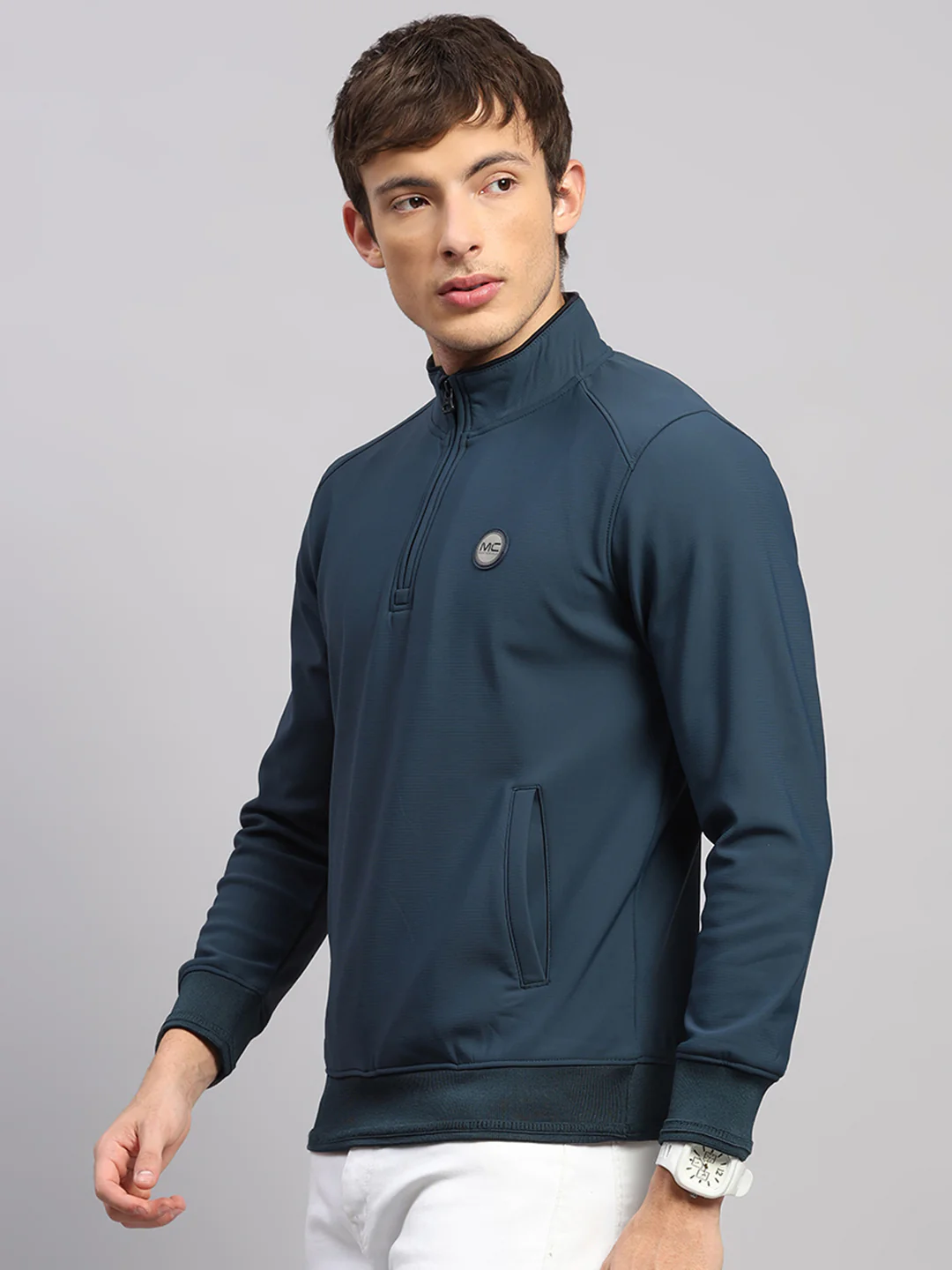 Men Teal Blue Solid Collar Full Sleeve Sweatshirt - Image 3