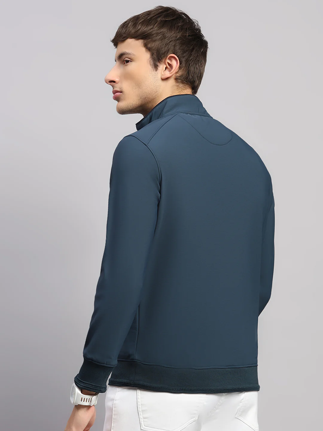 Men Teal Blue Solid Collar Full Sleeve Sweatshirt - Image 5