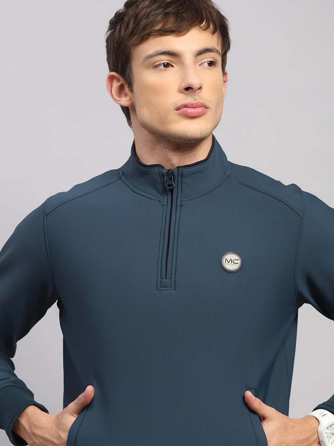 Men Teal Blue Solid Collar Full Sleeve Sweatshirt - Image 6