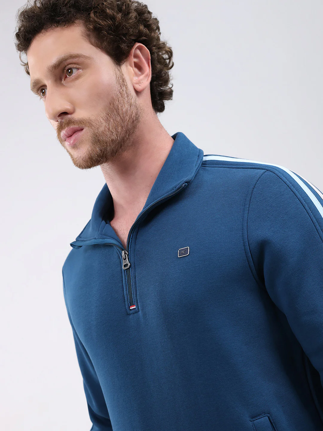 Men Teal Blue Solid Collar Full Sleeve Winter Tracksuit - Image 6