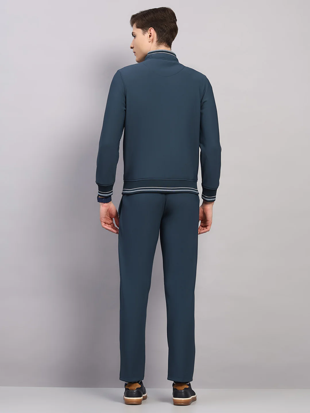 Men Teal Blue Solid Collar Full Sleeve Winter Tracksuit - Image 5