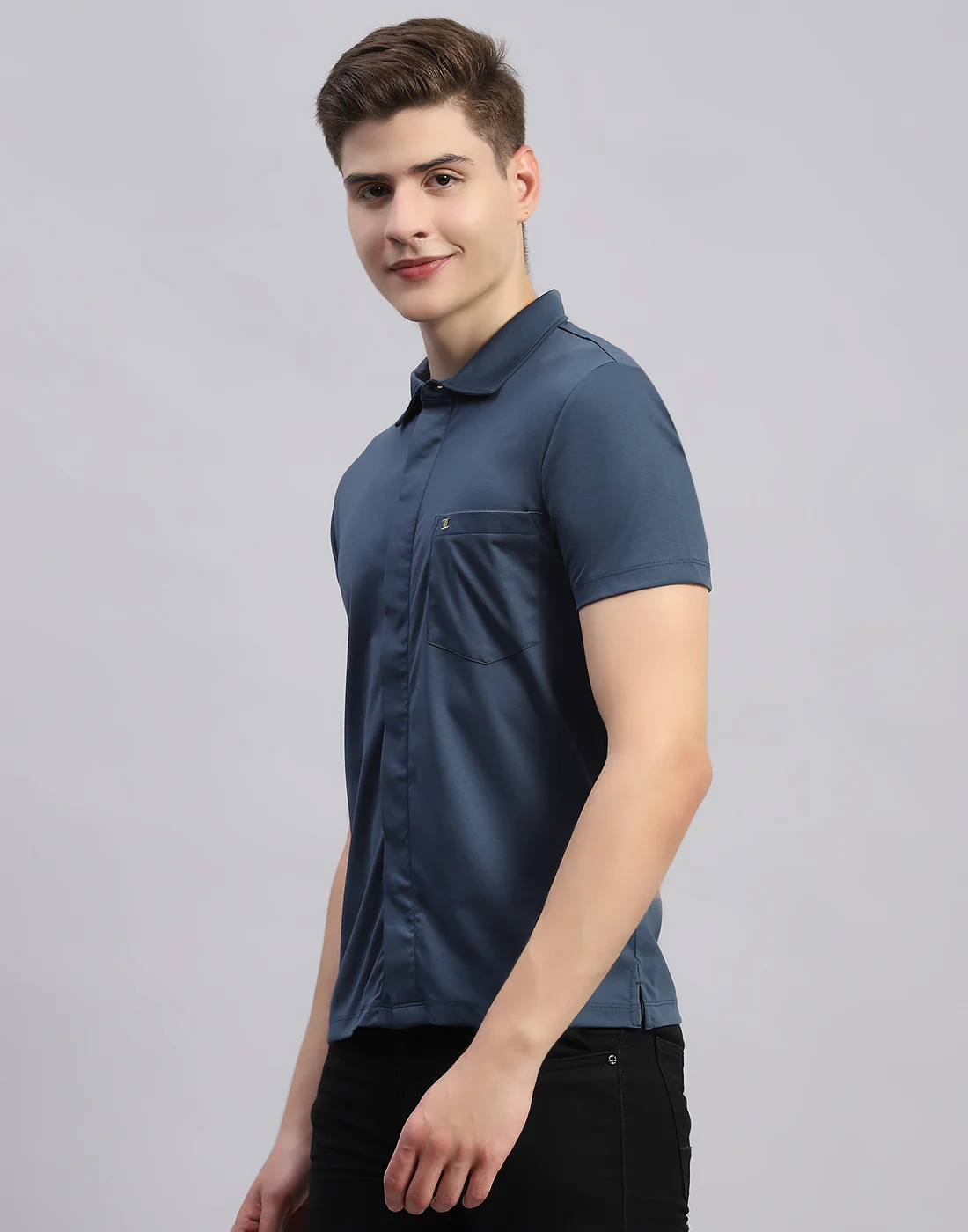 Men Teal Blue Solid Collar Half Sleeve Shirt - Image 3