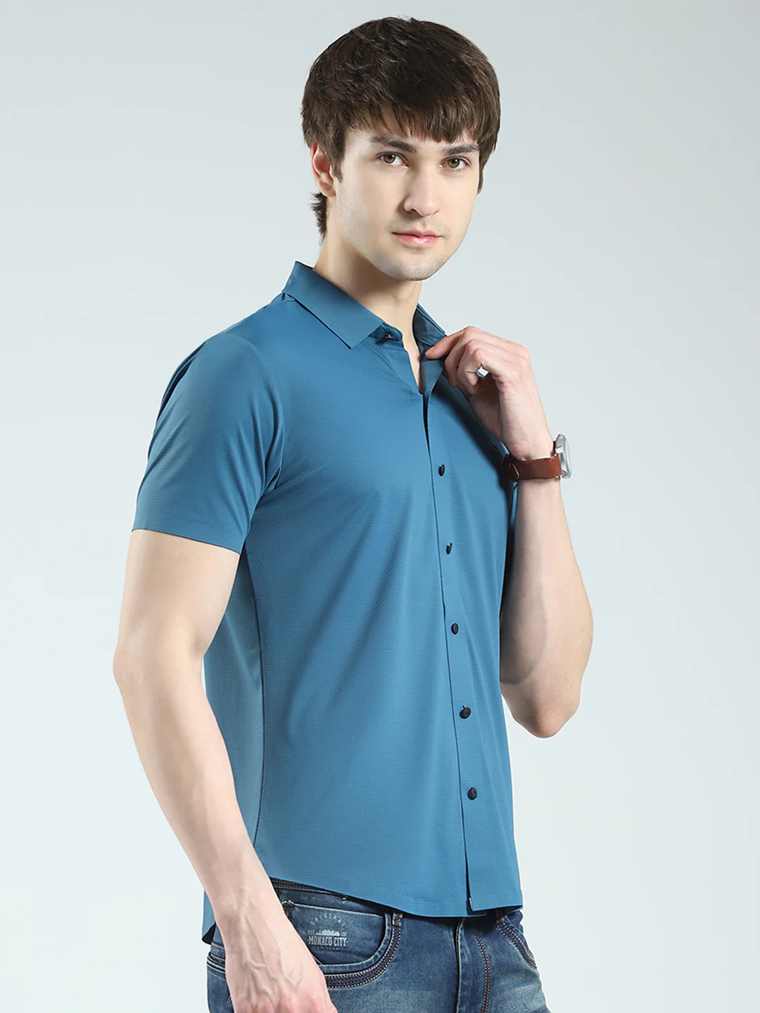 Men Teal Blue Solid Collar Half Sleeve Shirt - Image 4