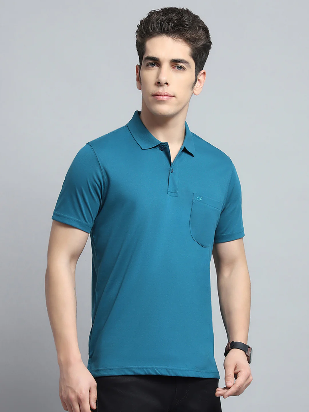 Men Teal Blue Solid Collar Half Sleeve T-Shirt - Image 4