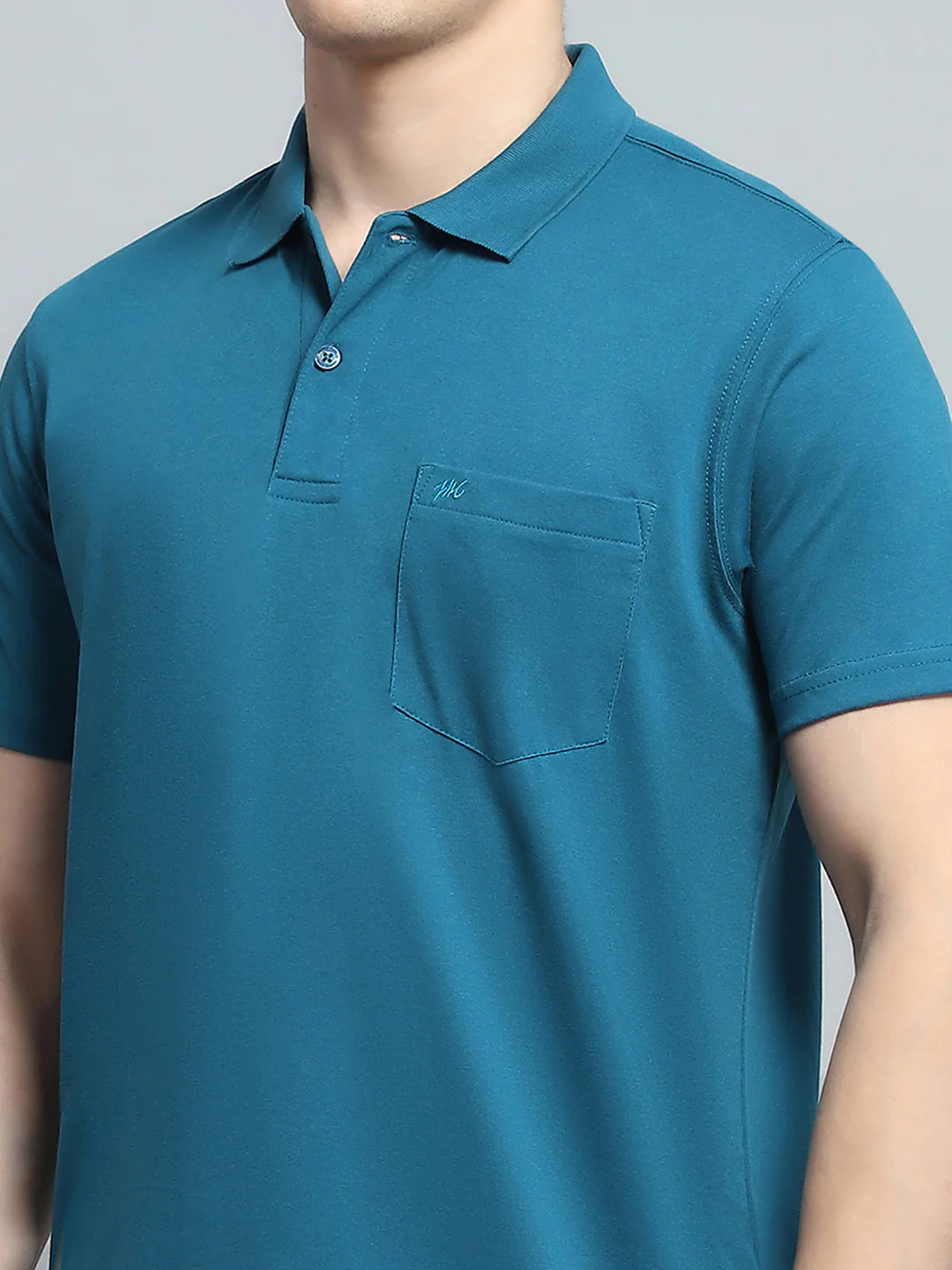 Men Teal Blue Solid Collar Half Sleeve T-Shirt - Image 6