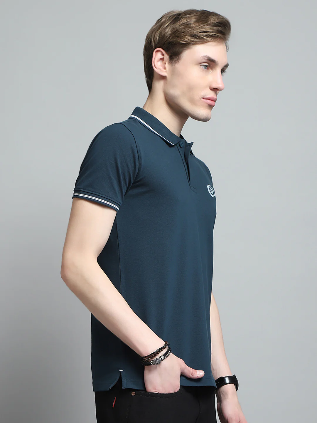 Men Teal Blue Solid Collar Half Sleeve T-Shirt - Image 4
