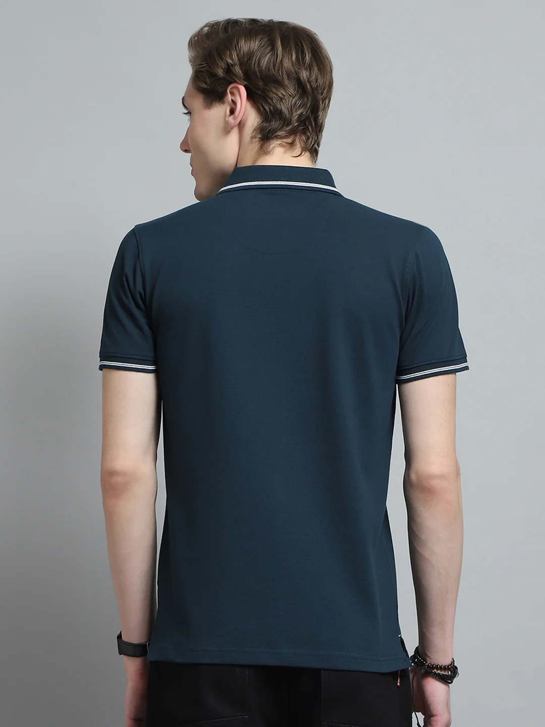 Men Teal Blue Solid Collar Half Sleeve T-Shirt - Image 5