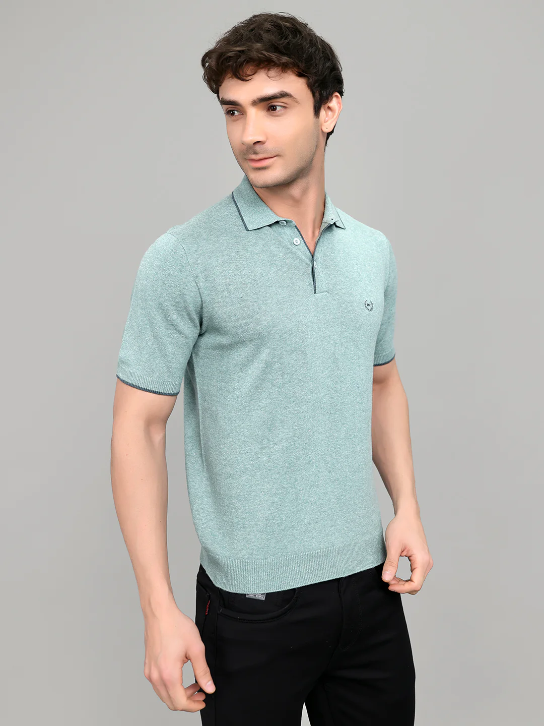 Men Teal Blue Solid Collar Half Sleeve T-Shirt - Image 3