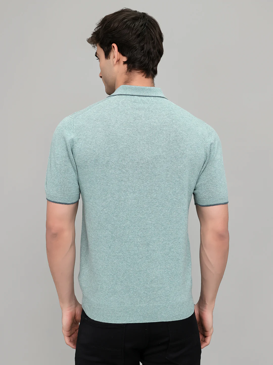 Men Teal Blue Solid Collar Half Sleeve T-Shirt - Image 4