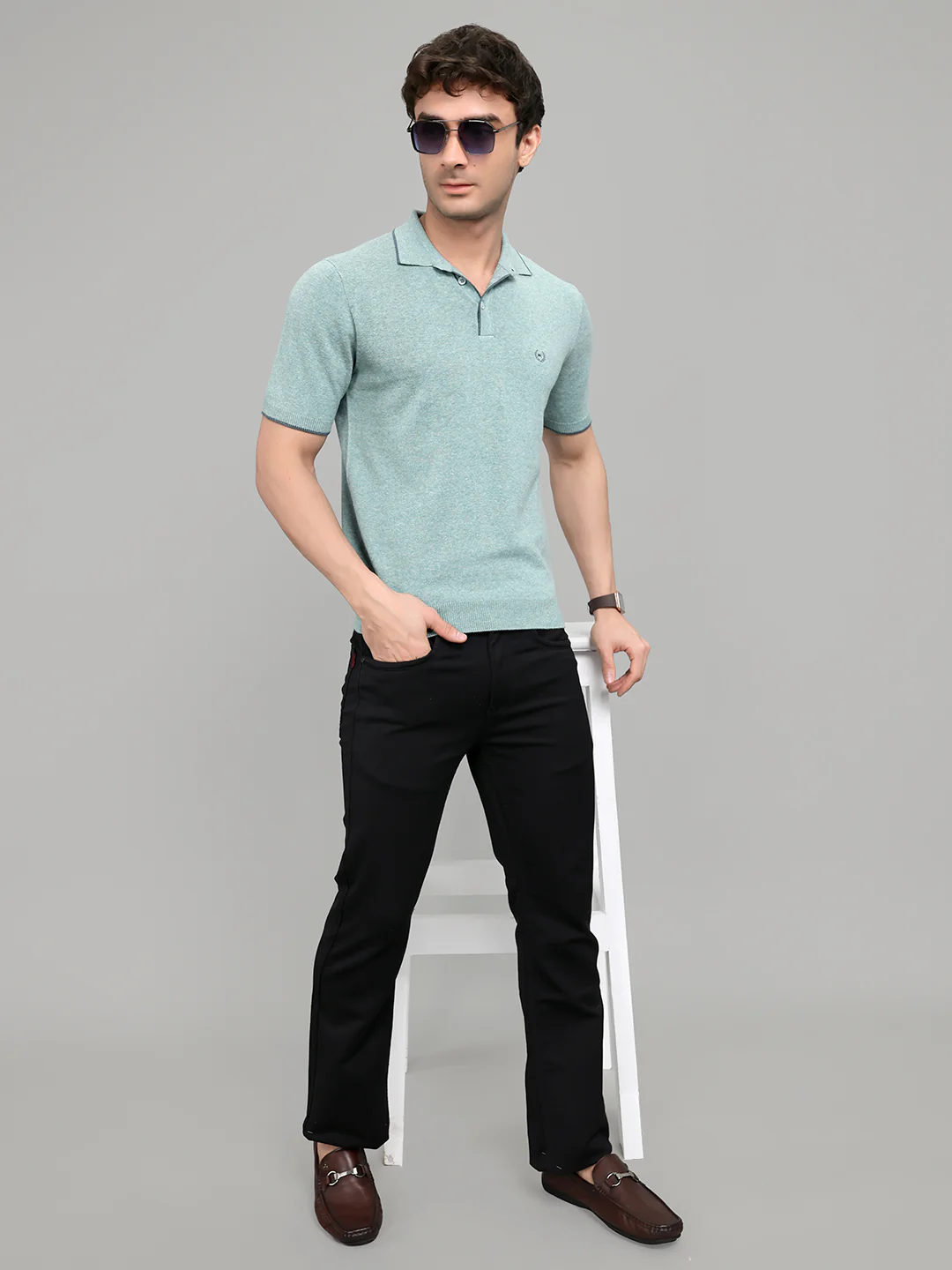 Men Teal Blue Solid Collar Half Sleeve T-Shirt - Image 6