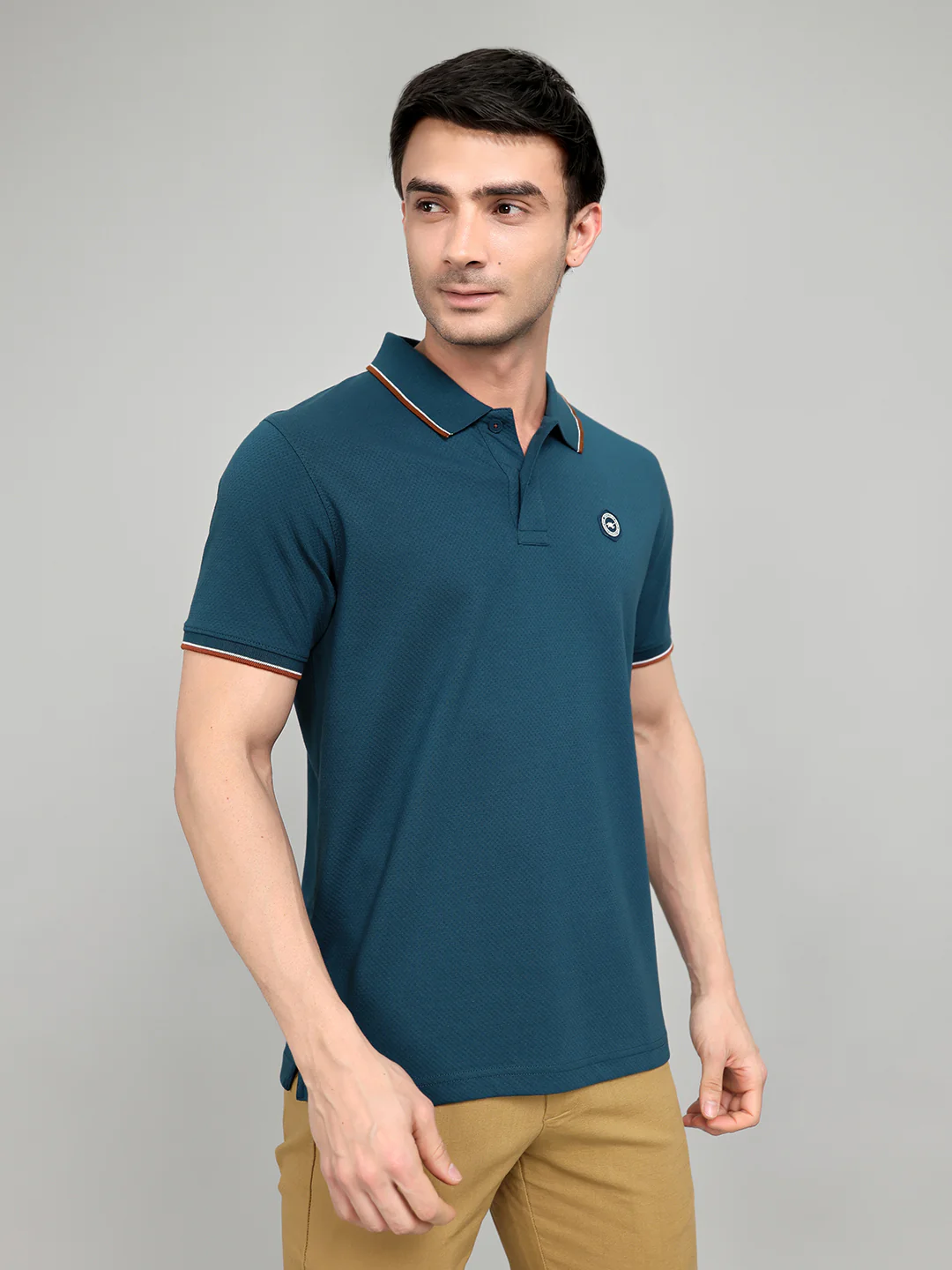 Men Teal Blue Solid Collar Half Sleeve T-Shirt - Image 3