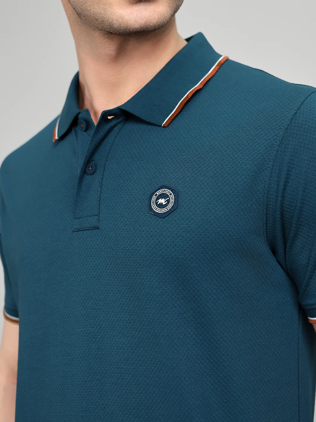 Men Teal Blue Solid Collar Half Sleeve T-Shirt - Image 5