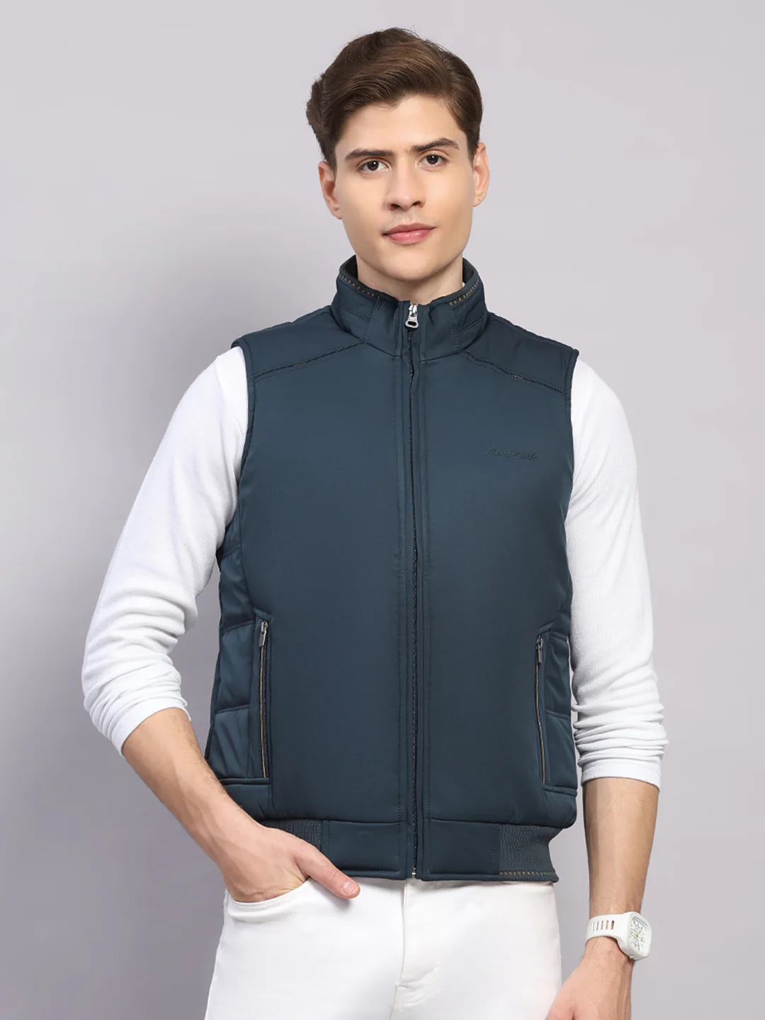 Men Teal Blue Solid Collar Sleeveless Jacket