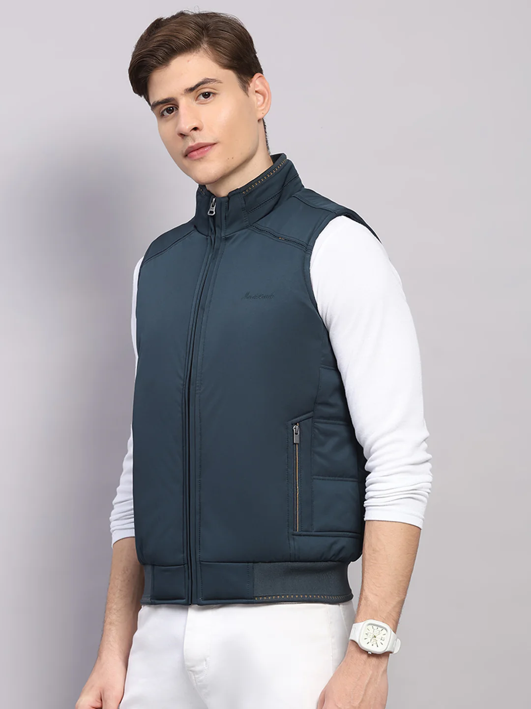Men Teal Blue Solid Collar Sleeveless Jacket - Image 3