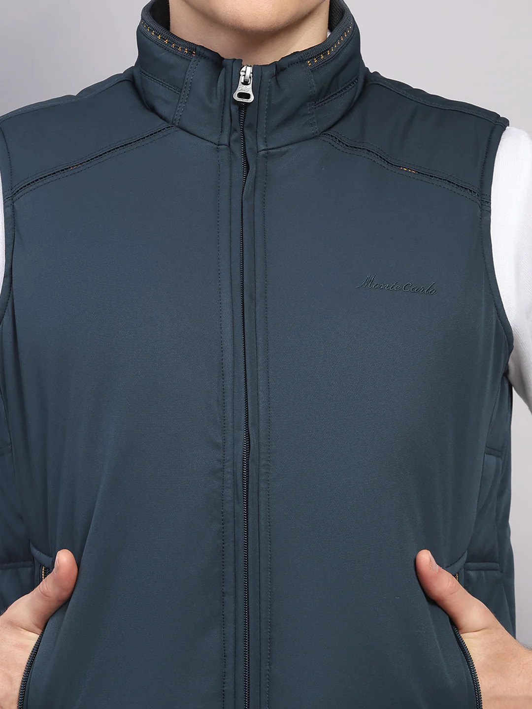 Men Teal Blue Solid Collar Sleeveless Jacket - Image 6