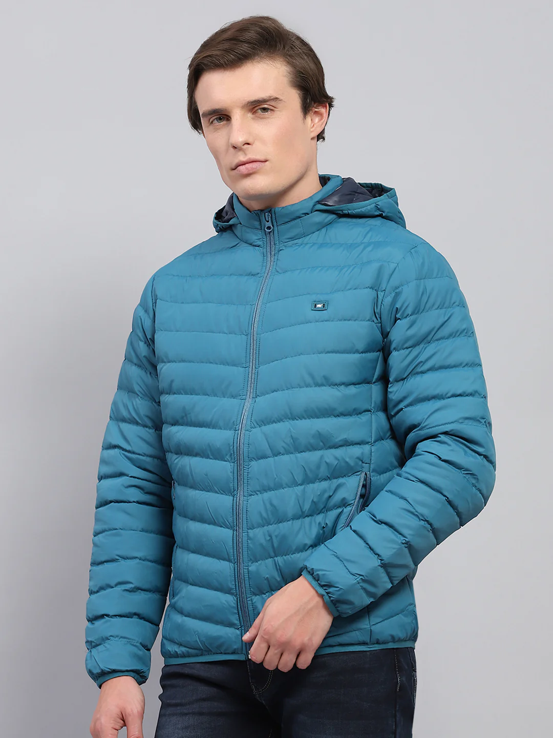 Men Teal Blue Solid Detachable Hood Full Sleeve Jacket - Image 3