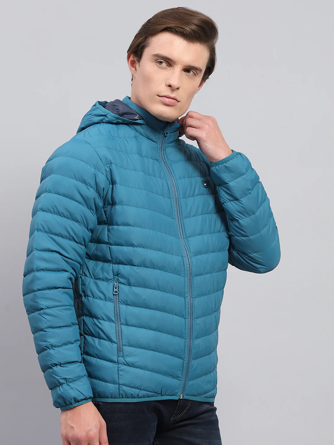 Men Teal Blue Solid Detachable Hood Full Sleeve Jacket - Image 4