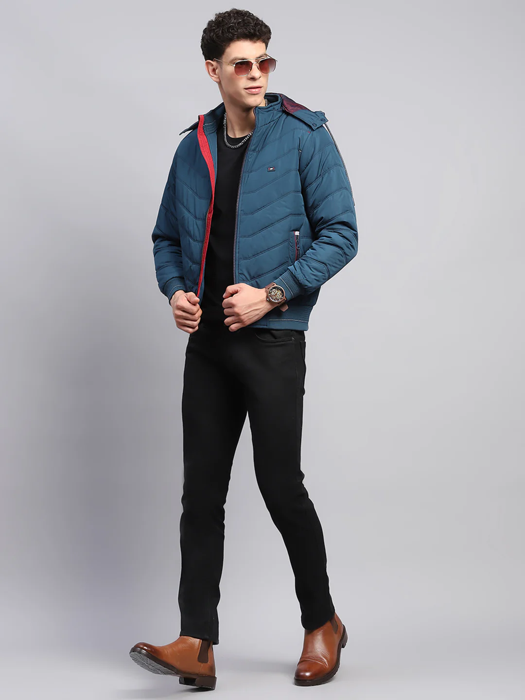Men Teal Blue Solid Detachable Hood Full Sleeve Jacket - Image 2