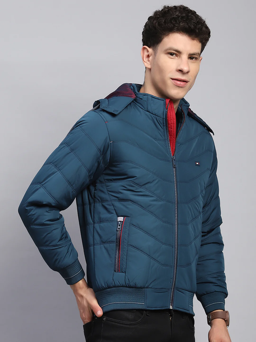 Men Teal Blue Solid Detachable Hood Full Sleeve Jacket - Image 3