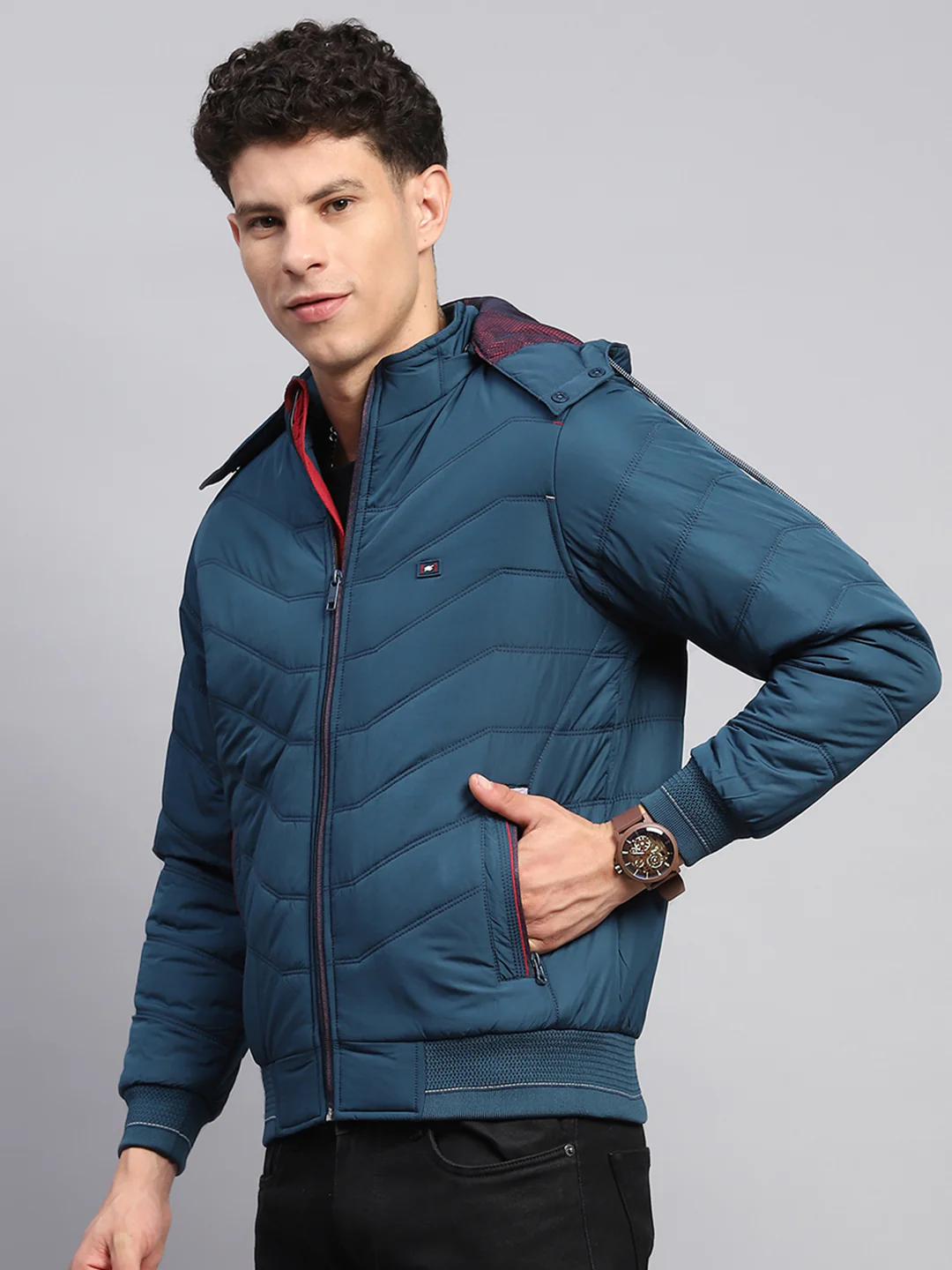 Men Teal Blue Solid Detachable Hood Full Sleeve Jacket - Image 4