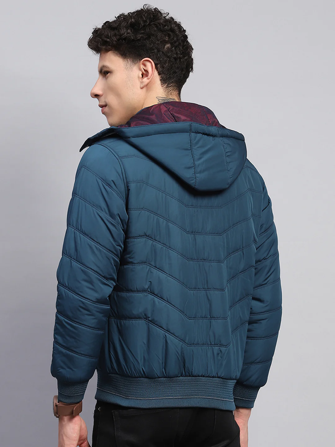 Men Teal Blue Solid Detachable Hood Full Sleeve Jacket - Image 5