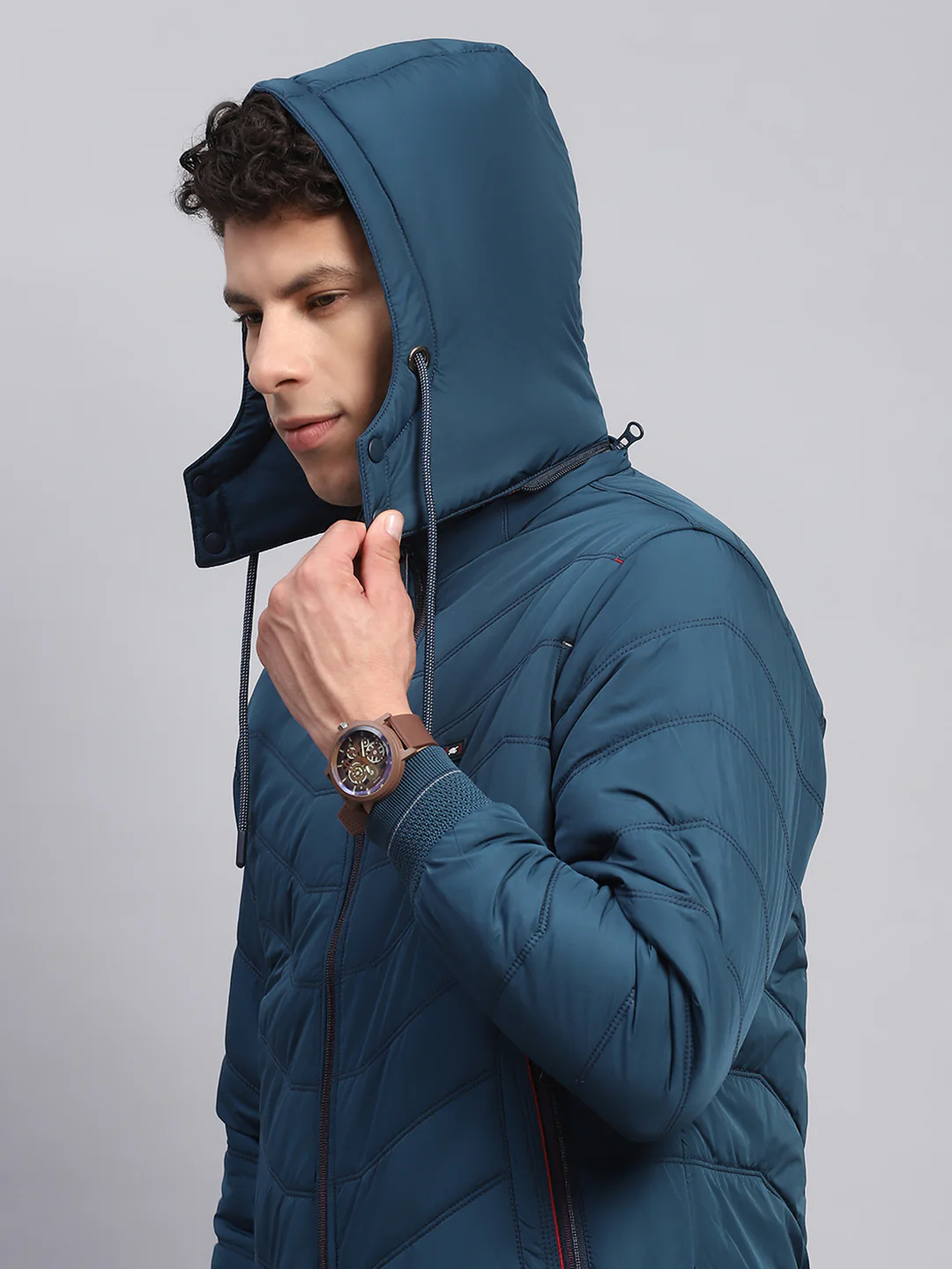 Men Teal Blue Solid Detachable Hood Full Sleeve Jacket - Image 6
