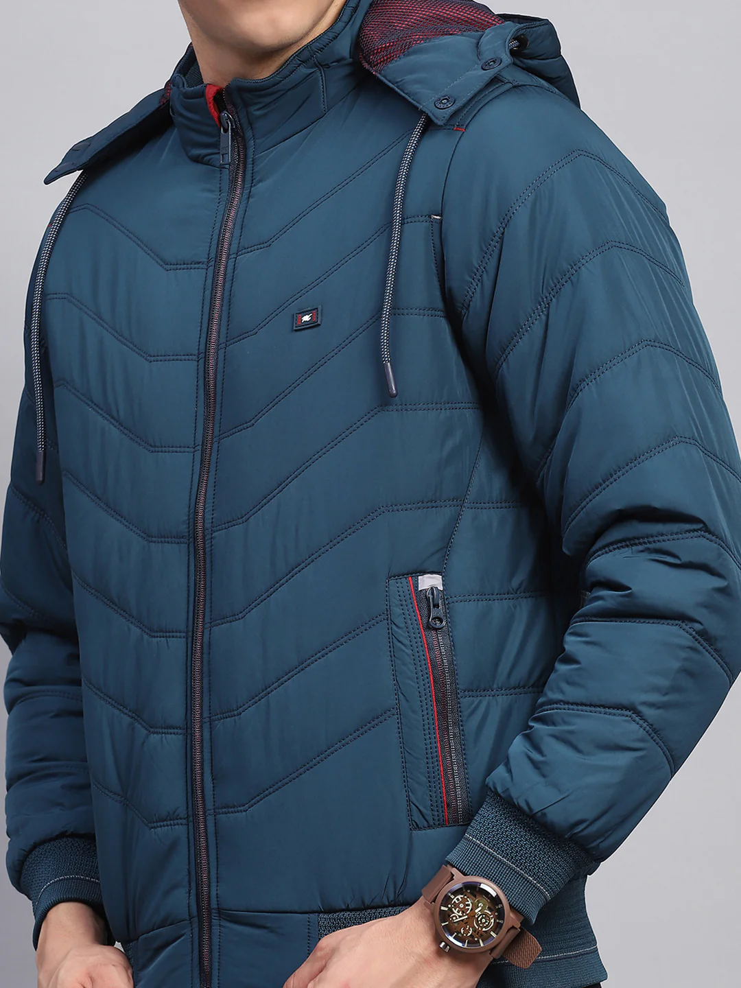 Men Teal Blue Solid Detachable Hood Full Sleeve Jacket - Image 7