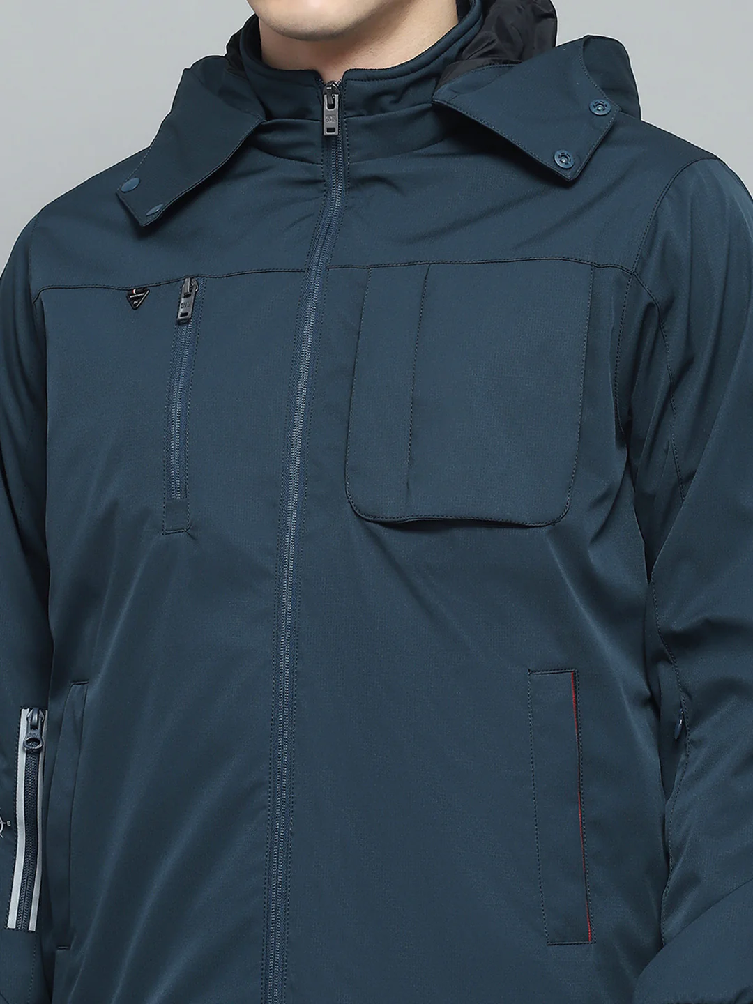Men Teal Blue Solid Detachable Hood Full Sleeve Jacket - Image 6