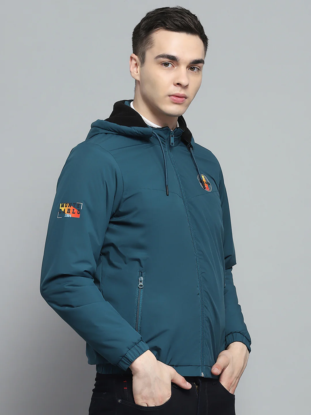 Men Teal Blue Solid Detachable Hood Full Sleeve Jacket - Image 4