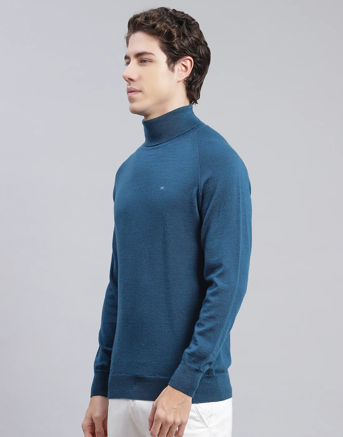 Men Teal Blue Solid High Neck Full Sleeve Pullover - Image 3