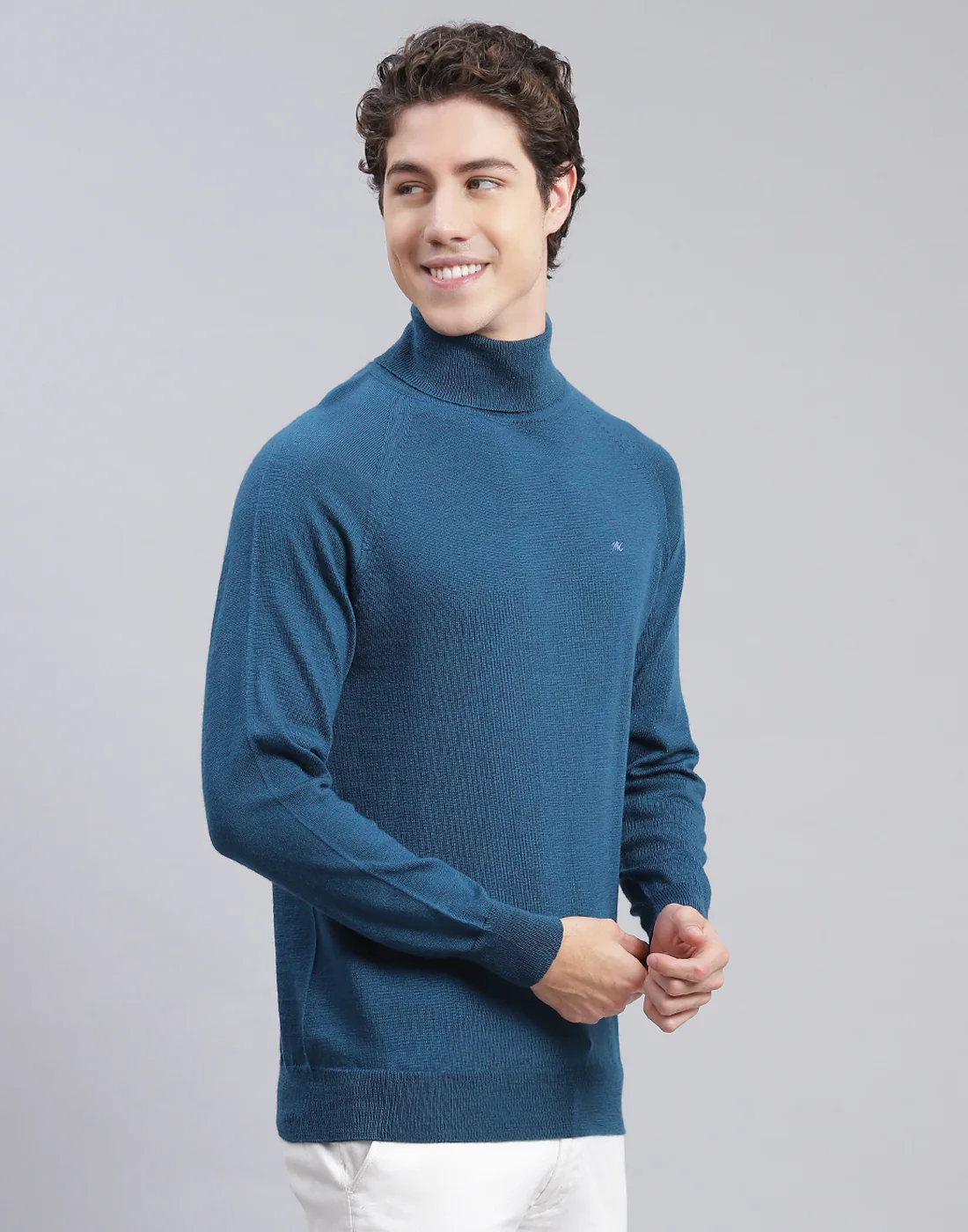 Men Teal Blue Solid High Neck Full Sleeve Pullover - Image 4