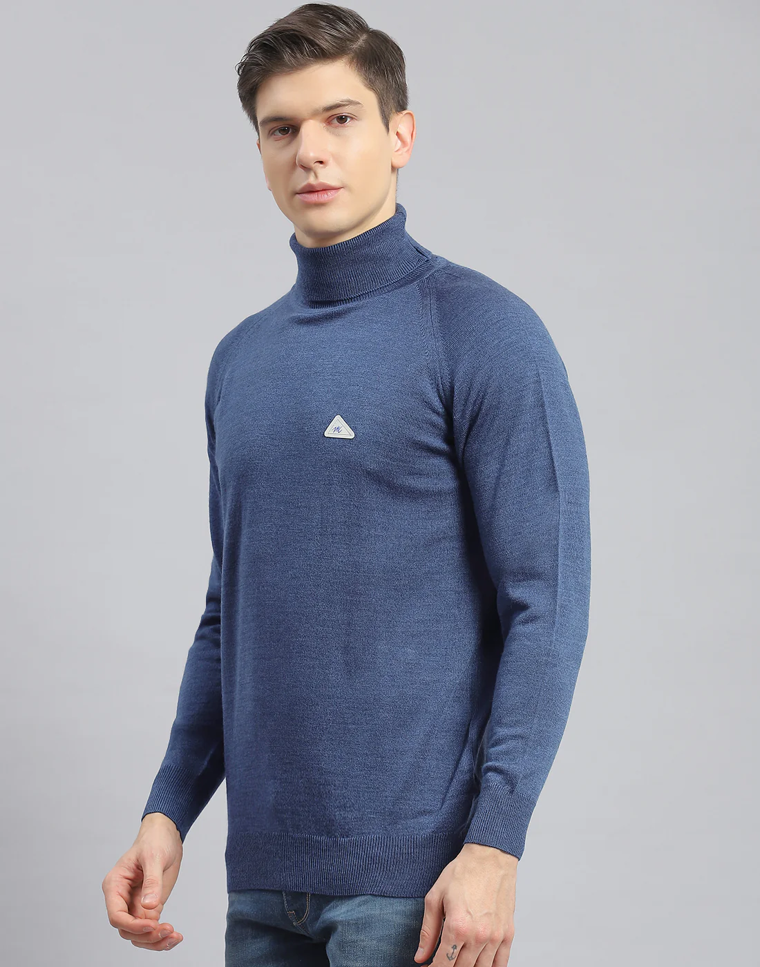 Men Teal Blue Solid High Neck Full Sleeve Pullover - Image 3