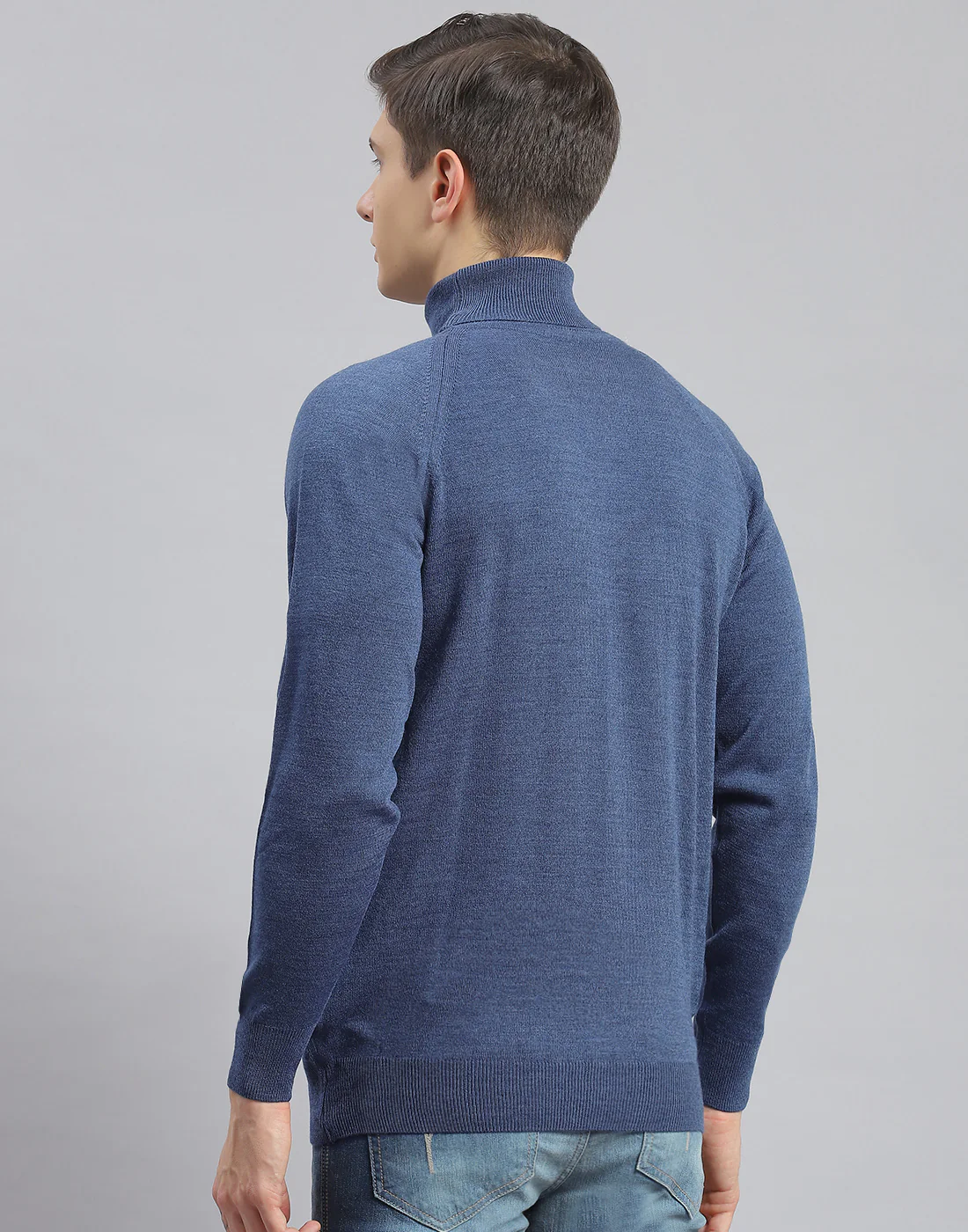 Men Teal Blue Solid High Neck Full Sleeve Pullover - Image 5