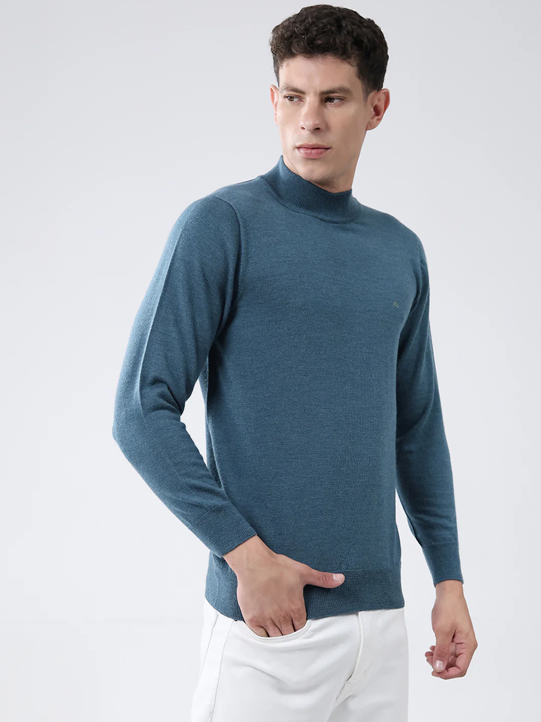 Men Teal Blue Solid High Neck Full Sleeve Pullover - Image 4