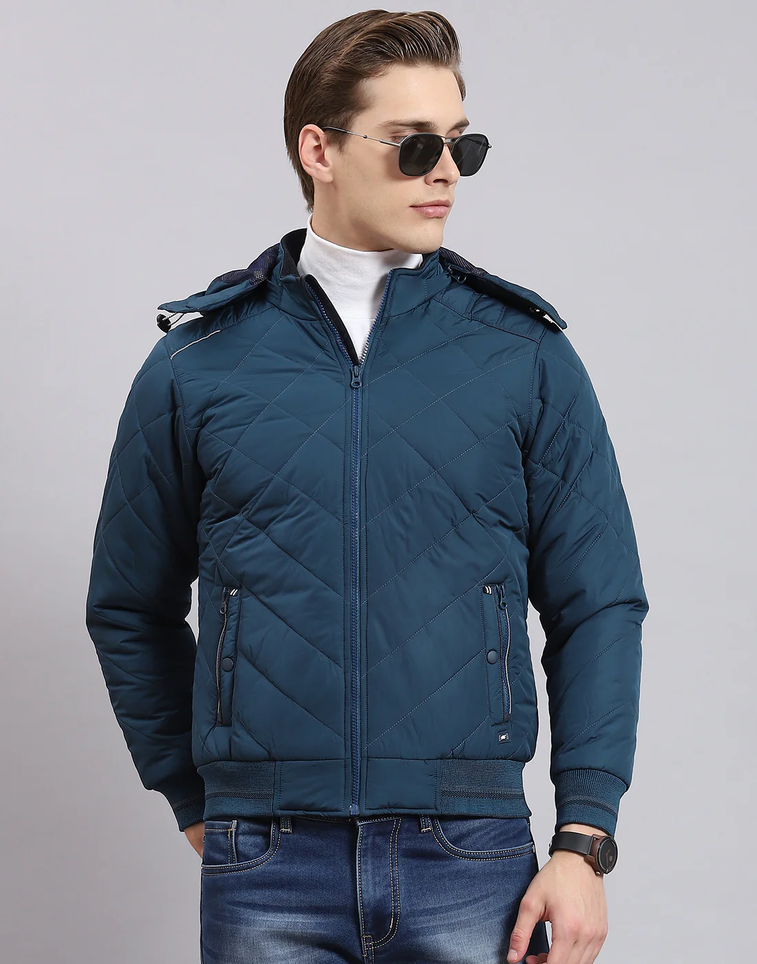 Men Teal Blue Solid Hooded Full Sleeve Jacket - Image 3