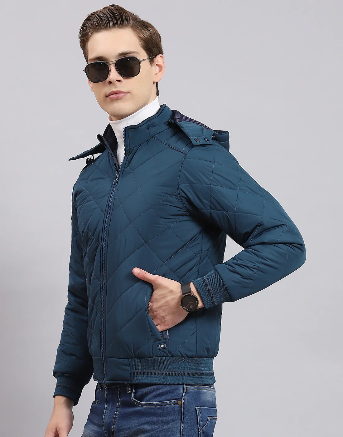 Men Teal Blue Solid Hooded Full Sleeve Jacket - Image 4