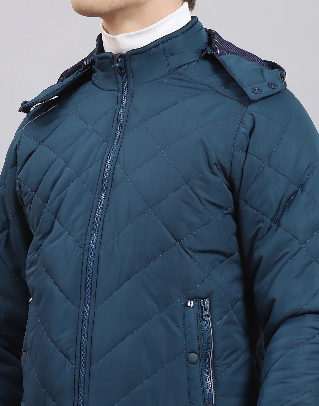 Men Teal Blue Solid Hooded Full Sleeve Jacket - Image 6