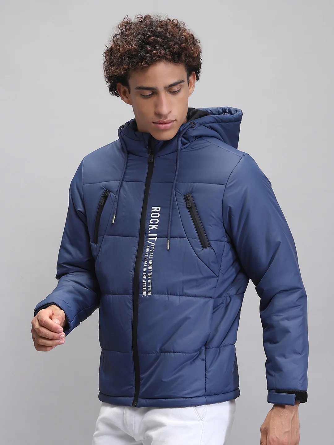 Rock.it Men Teal Blue Solid Hooded Full Sleeve Jacket - Image 3