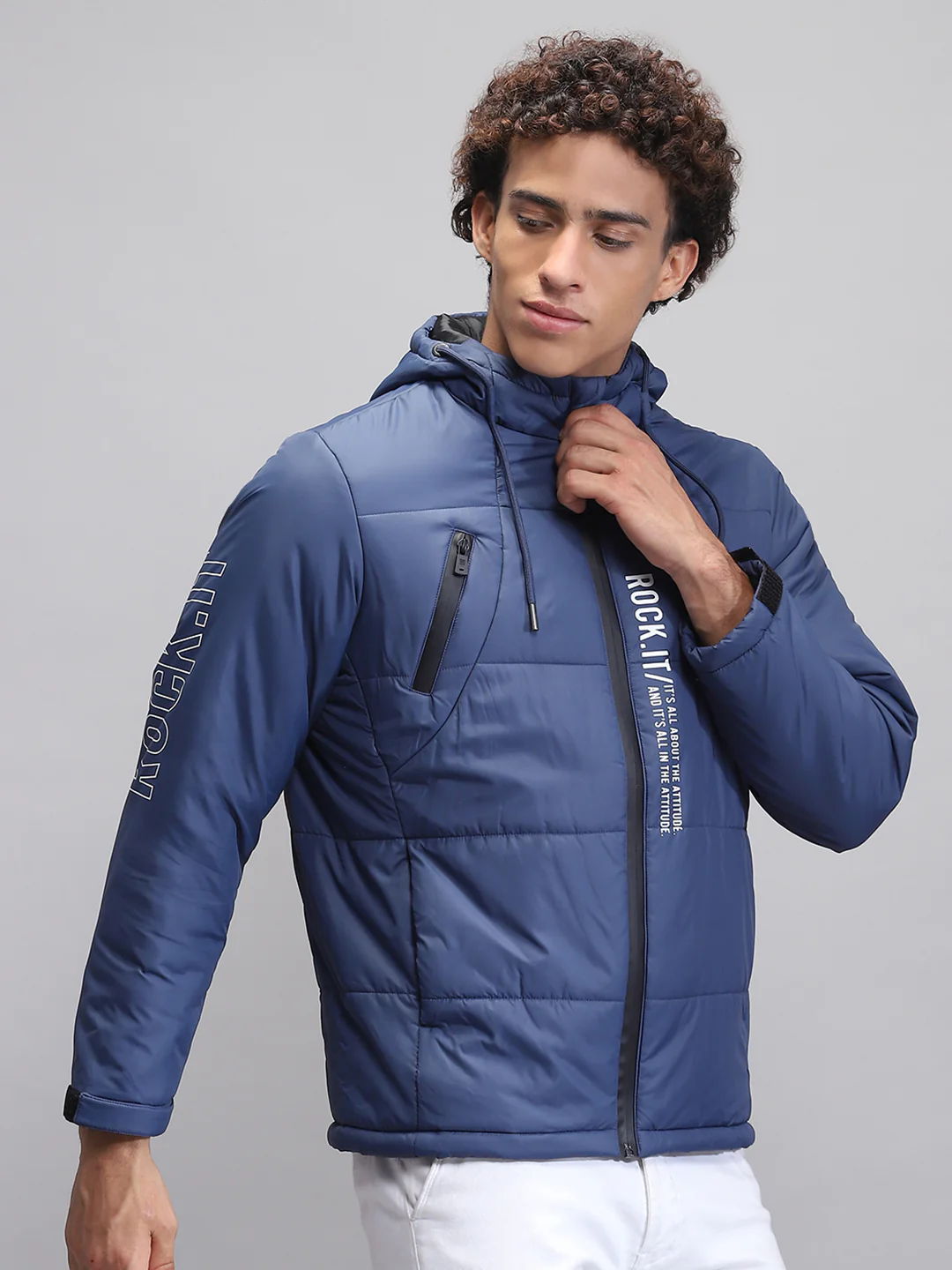 Rock.it Men Teal Blue Solid Hooded Full Sleeve Jacket - Image 4
