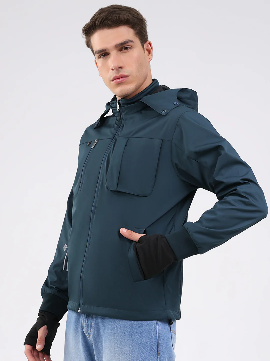 Men Teal Blue Solid Hooded Full Sleeve Jacket - Image 3