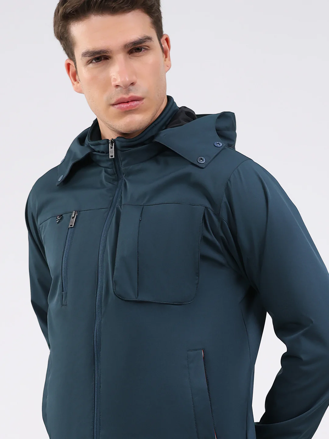 Men Teal Blue Solid Hooded Full Sleeve Jacket - Image 6