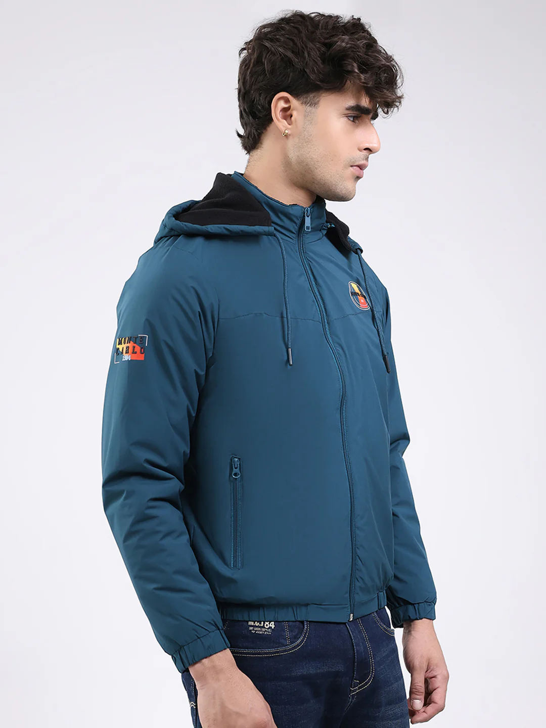 Men Teal Blue Solid Hooded Full Sleeve Jacket - Image 4