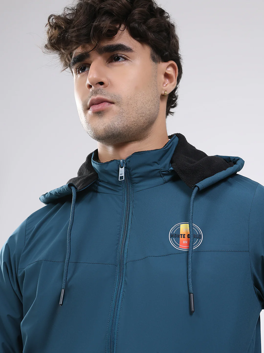 Men Teal Blue Solid Hooded Full Sleeve Jacket - Image 6